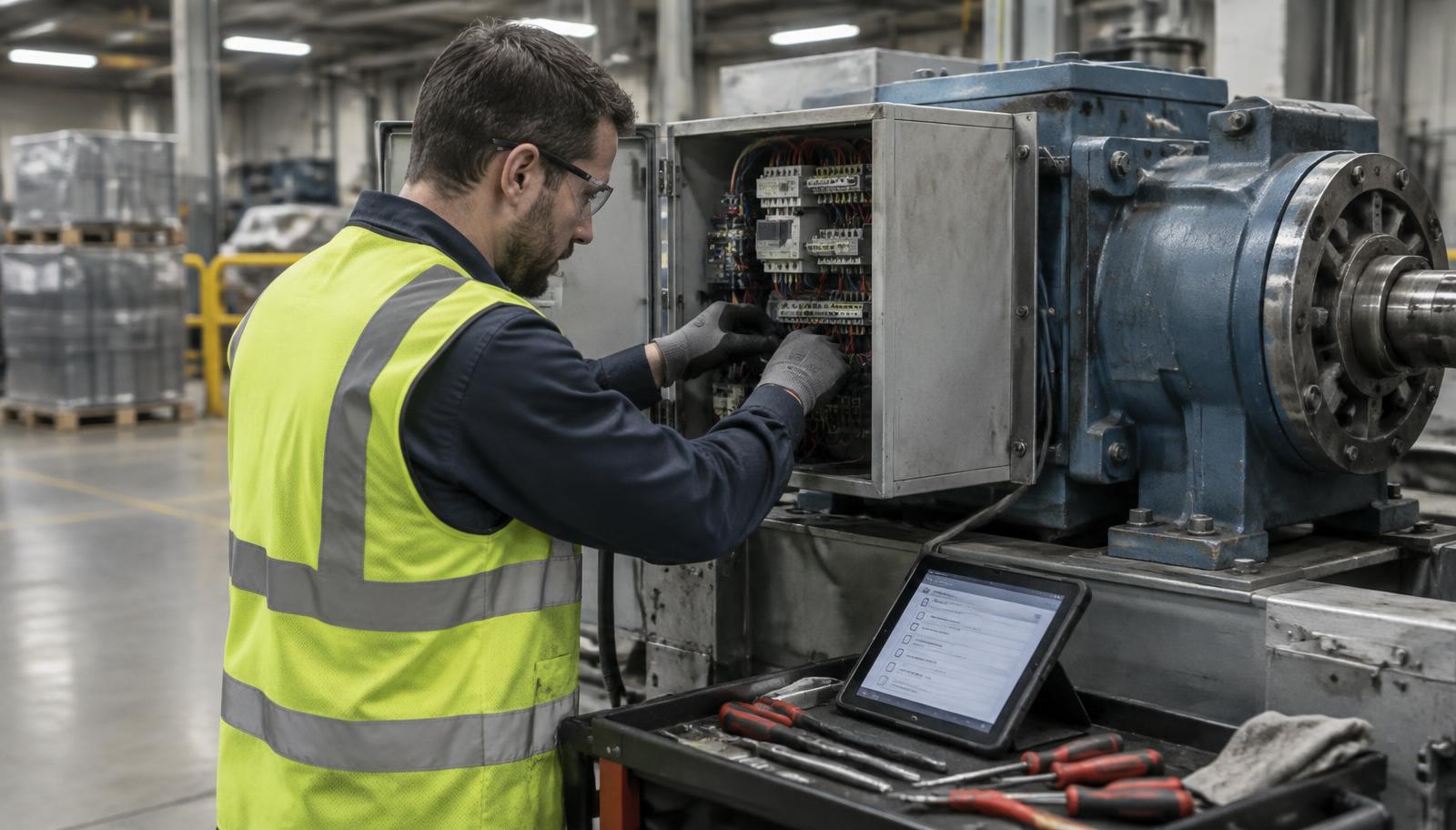Technician repairing an industrial equipment control panel in a warehouse