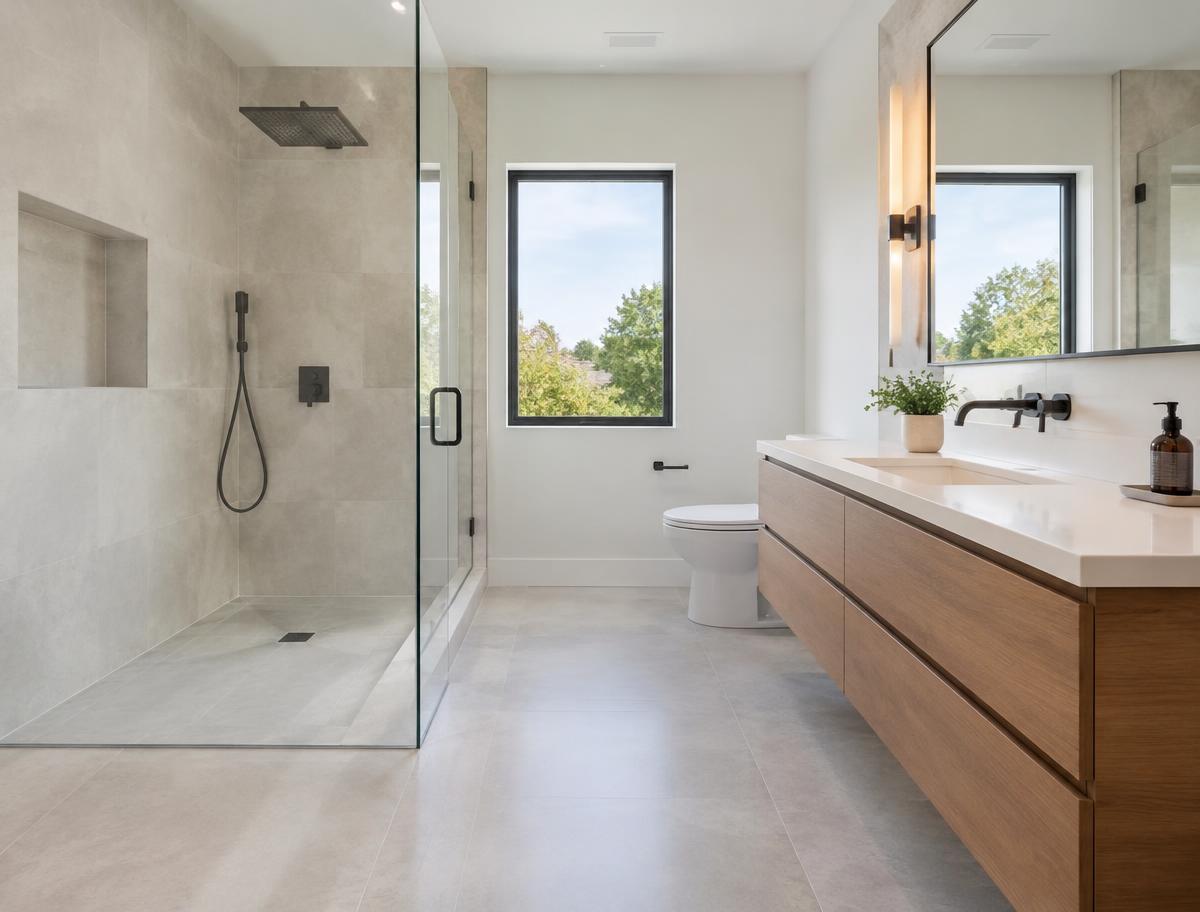 Renovated bathroom with a walk-in glass shower