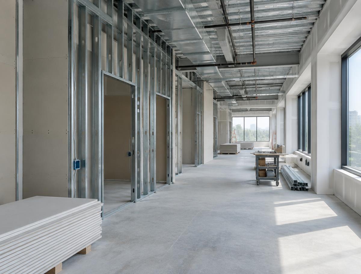 Commercial interior under construction with steel stud framing