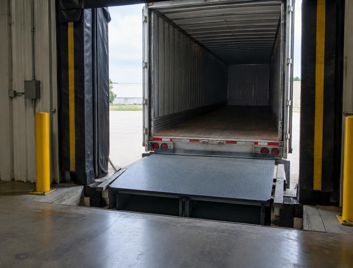 Technician servicing a dock leveler at a warehouse loading bay