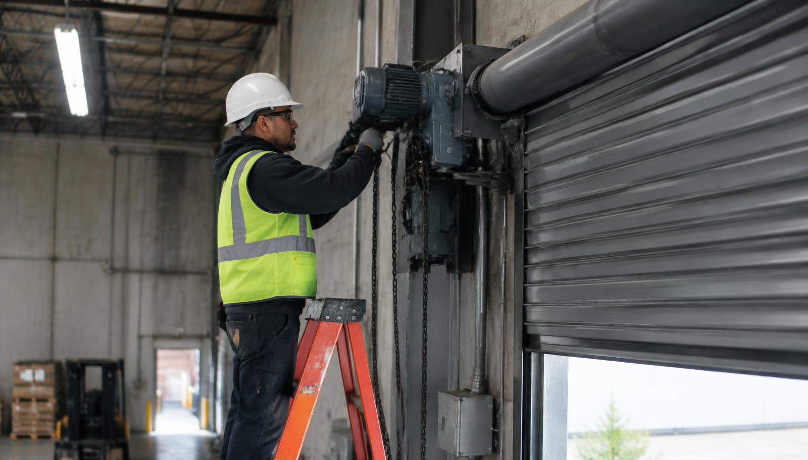 Technician servicing a rolling steel door operator