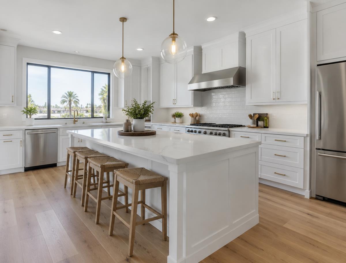 Renovated kitchen with white cabinets and a quartz island