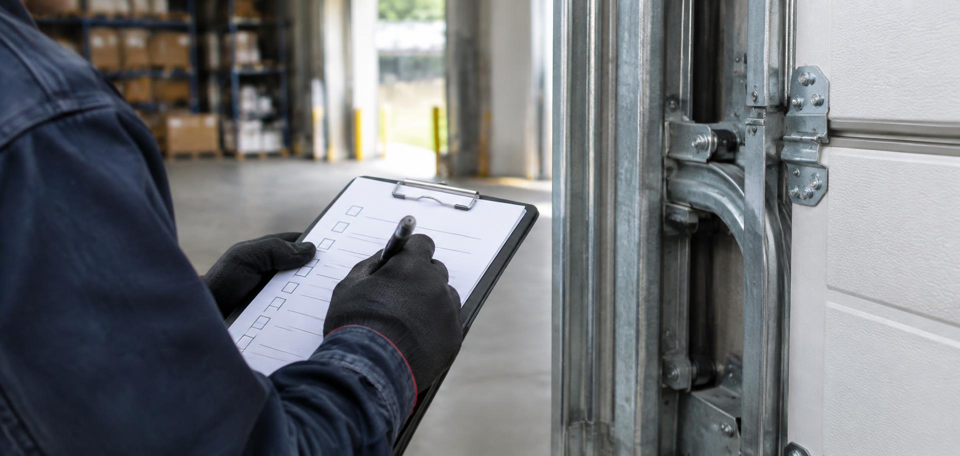 Technician completing an inspection checklist at a commercial door