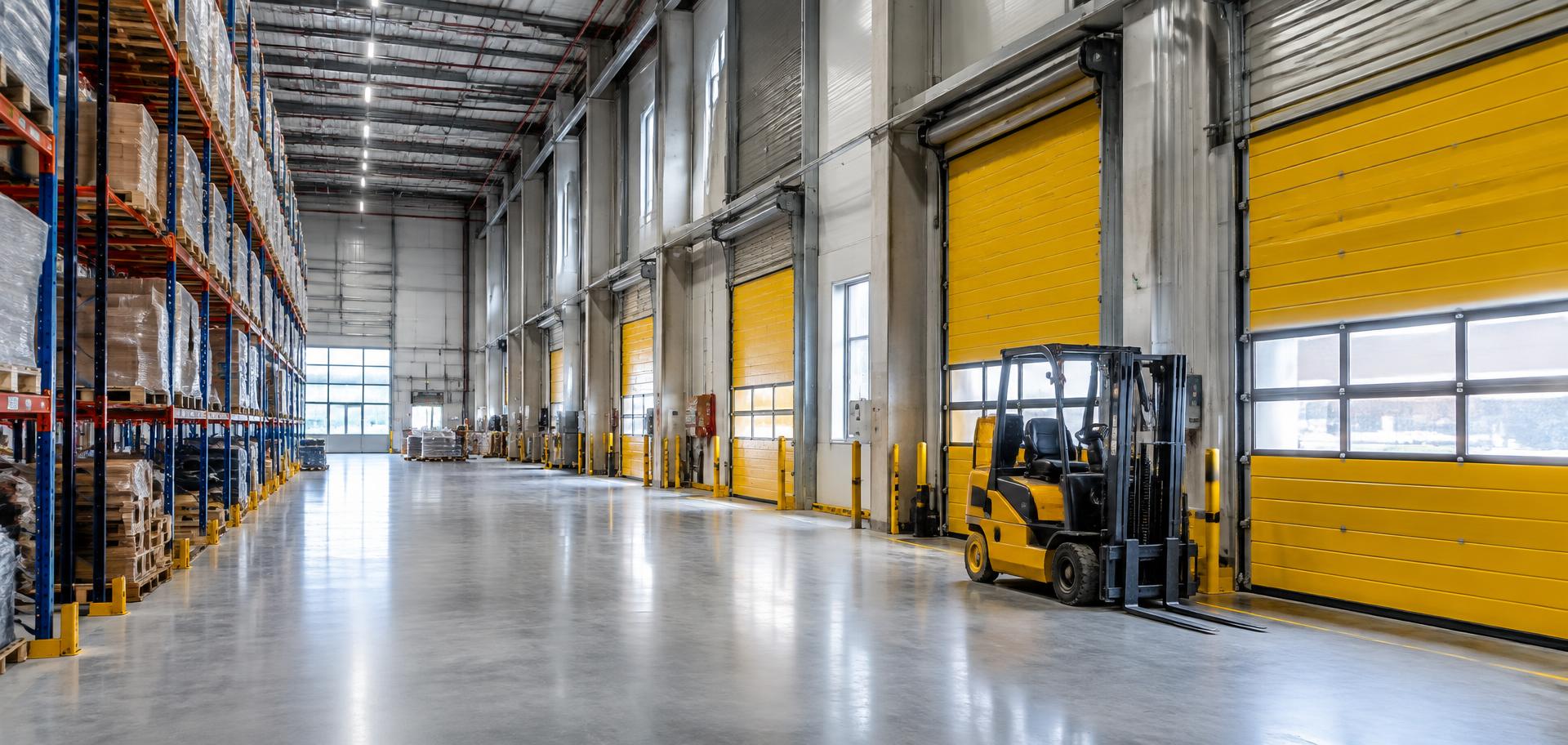 Distribution warehouse interior with a row of loading dock doors
